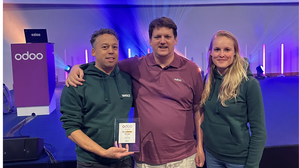 Tim with Odoo founder and CEO Fabien Pinckaers after the ceremony at Odoo Experience 2023