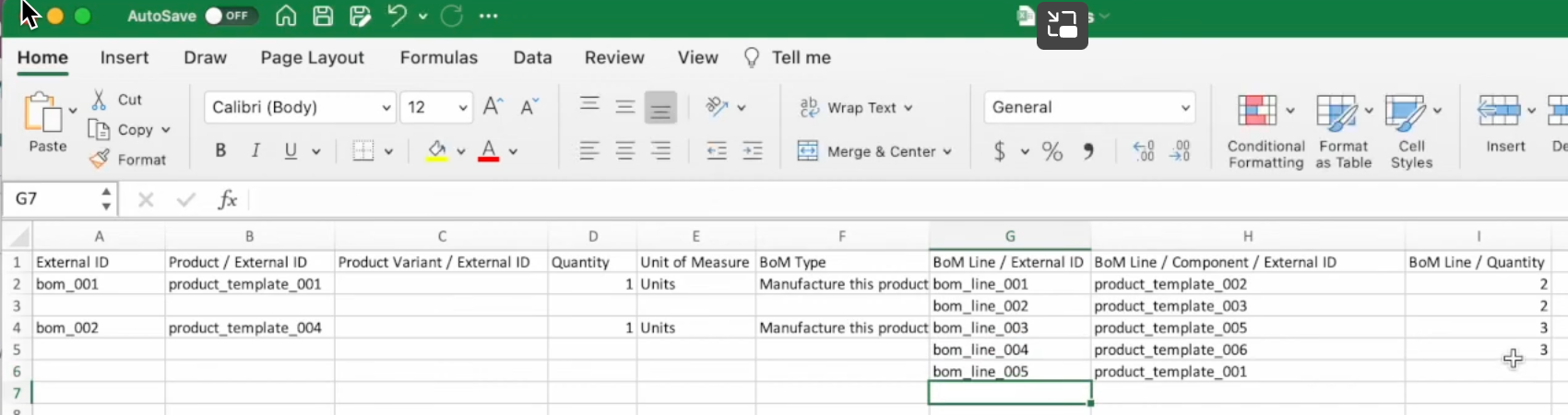 Excel-Importdatei für Stücklisten mit externen IDs für Produkte und Komponenten