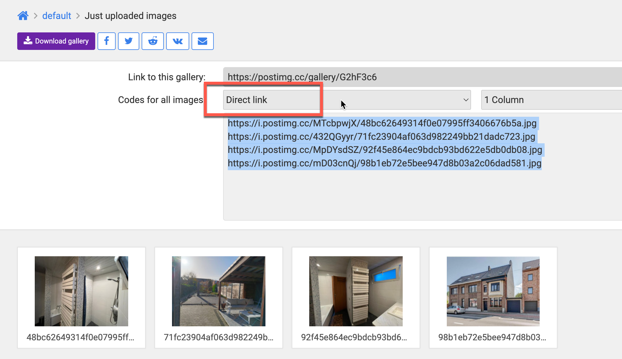 Kopieren des Direct link eines Bildes auf postimg.cc