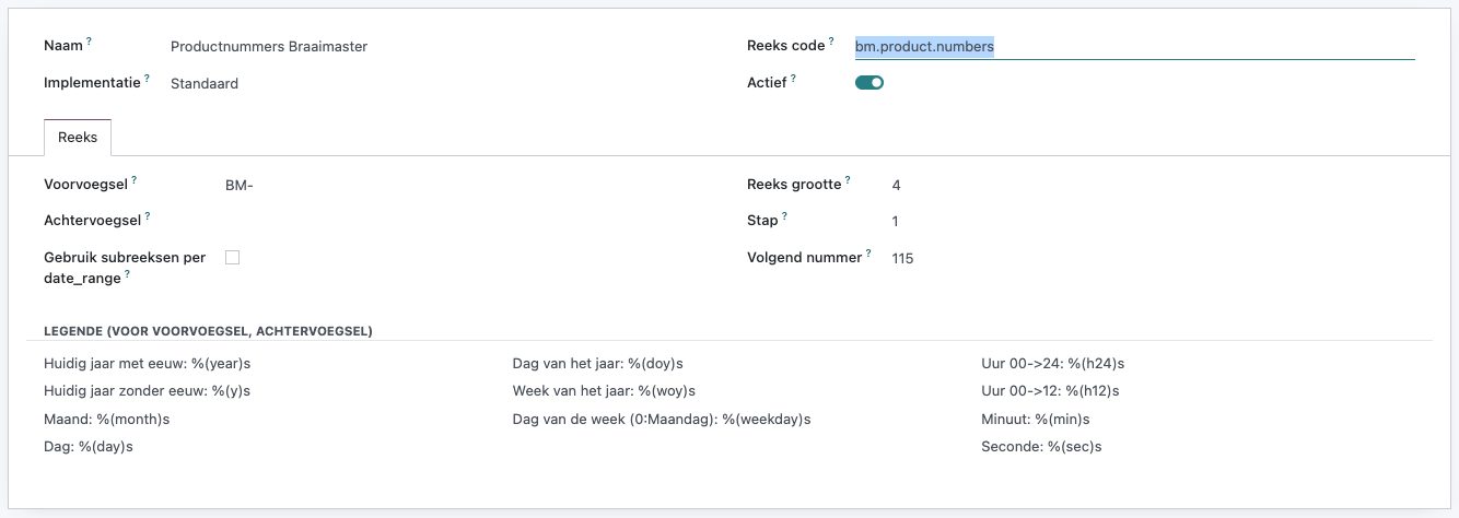 Odoo-Nummernfolge mit Folgencode, Präfix BM-, Folgengröße 4 und nächster Nummer