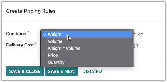Das Fenster Create Pricing Rules in Odoo mit geöffnetem Condition-Dropdown: Weight, Volume, Weight * Volume, Price und Quantity