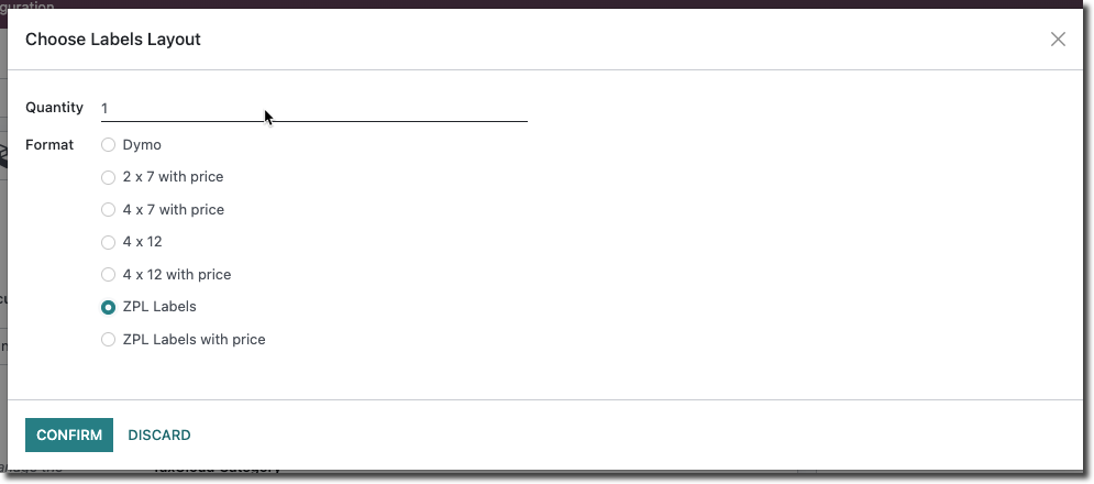 Druckerdialog in Odoo zum Drucken von Produktetiketten, mit der Option, ein Zebra-Etikett (ZPL) zu drucken