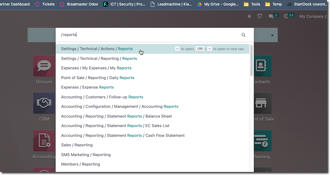 Suche nach /reports vom Startbildschirm in Odoo