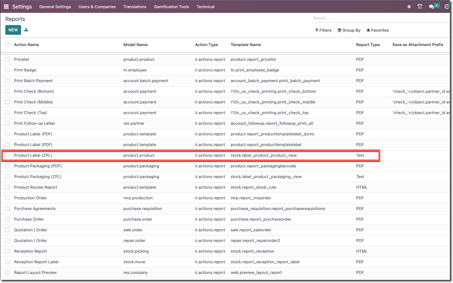 Liste der Berichte in Odoo mit ausgewaehltem Product Label (ZPL)