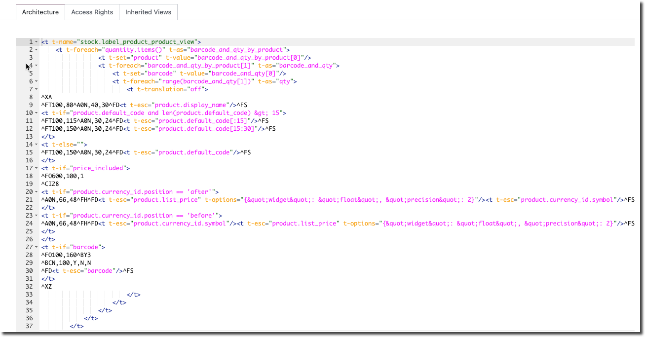 Tab Architecture mit dem Standard-ZPL-Code des Berichts Product Label (ZPL)